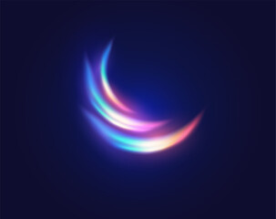 Rainbow light flash realistic vector illustration. Semi-circle glowing sparks overlay 3d element on black background. Physics science template