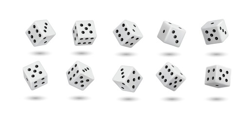 Flying white dices of casino realistic vector illustration set. Throwing cubes to win bet 3d elements on white background. Gambling games