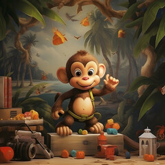 little monkey, toys, poster, wallpaper for children's room