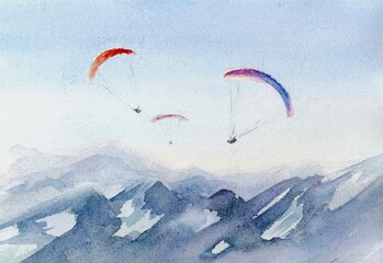 Hang gliders in the sky above mountains, watercolor hand drawn illustration