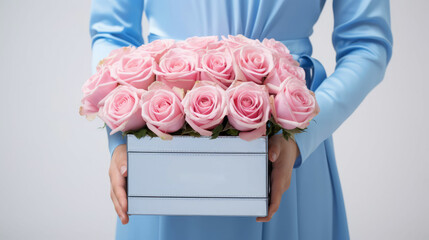 Woman holding a blue gift box with  bouquet of pink roses. Women's Day concept