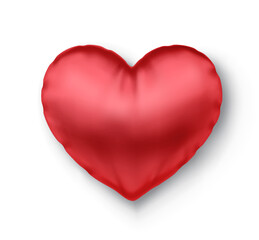 Red heart shaped silk pillow realistic vector illustration. Gift for Valentine day 3d model on white background. Romantic bedroom decor