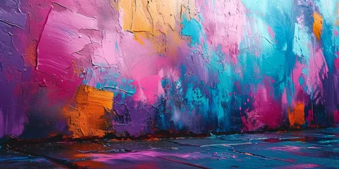 Poster Colorful street art graffiti background. Pink, magenta, blue, yellow colors drips, flows, streaks of paint. Abstract colorful spilled out oil paints, Generative AI  © Emotion Gallery