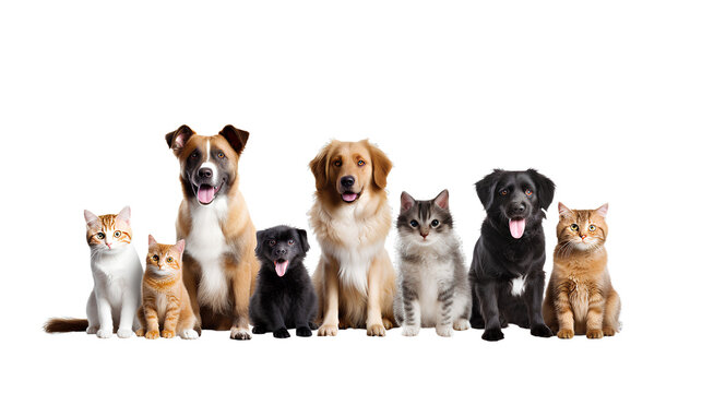 Group of cats and dogs, isolated on transparent background