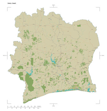 Ivory Coast shape isolated on white. OSM Topographic Humanitarian style map