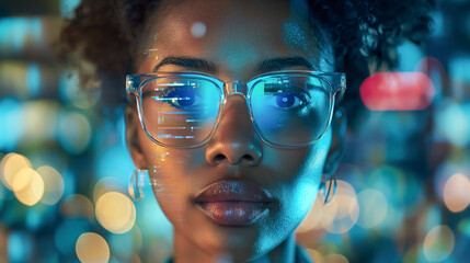 Afroamerican female engineer designs AI technology with reflection on eyeglass lenses - obrazy, fototapety, plakaty