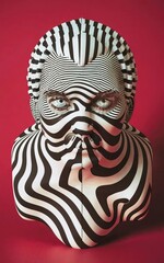 Create an optical illusion of black and white wavy lines that form a woman's face with a striped mask