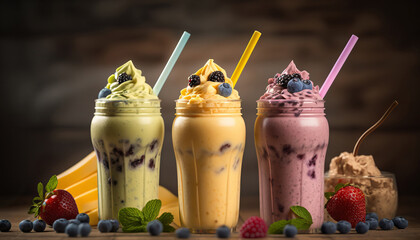 Close up assorted multicolored glass jars of tasty fruit smoothie standing in a row. Healthy and...