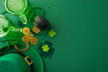 Dive into St. Patric's Day at the bar: top view of ale glasses, leprechaun's hat, lucky horseshoe,...