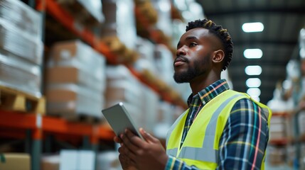 Close up diverse black african american male worker in light warehouse distribution centre holding tablet