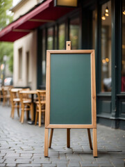 blank restaurant menu board in front of a cafe, standing green chalkboard for menu, mock up
