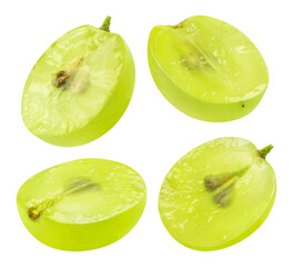 Sliced halves of green grapes from different angles isolated on a transparent background.