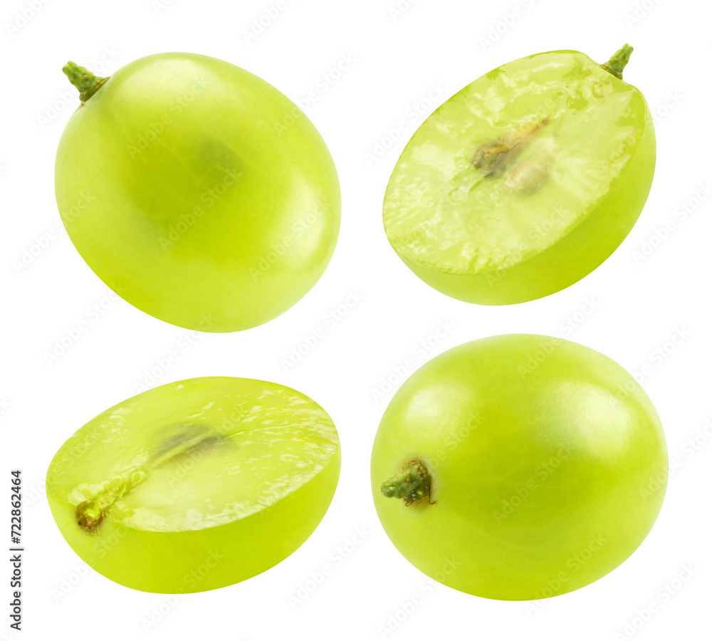 Wall mural collection green grapes and sliced grape halves at different angles isolated on a transparent backgr