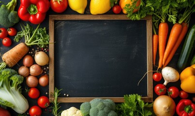 vegetables are placed to the left of the black board.  - obrazy, fototapety, plakaty