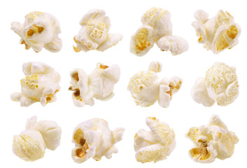 Collection of popcorn flakes isolated on transparent background.