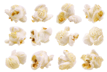 Collection of popcorn flakes isolated on transparent background.