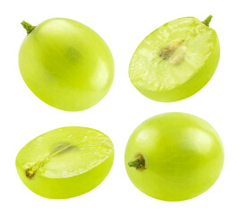 Collection Green grapes and sliced grape halves at different angles isolated on a transparent...