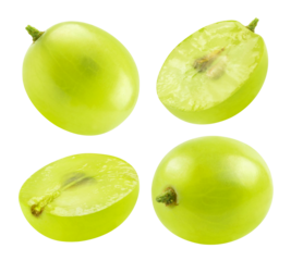 Collection Green grapes and sliced grape halves at different angles isolated on a transparent background.
