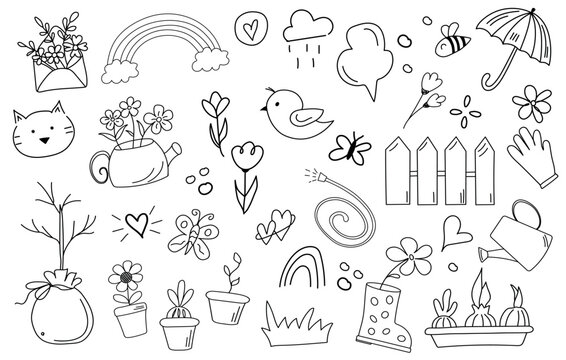 Spring doodle icons set. Hand drawn style. Line art. Umbrella, watering can, bouquet of flowers, birds, sun, rainbow. Gardening, springtime concepts. Vector illustration. 