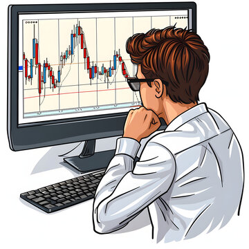 Young investor studying market fluctuations on a computer screen isolated on white background, cartoon style, png
