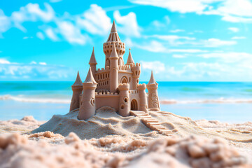 Beautiful Small Sand Castle Stand On Sea Shore On Sunny Day, Ocean Vacation Concept, Sandcastle Isolated On Blue Background - obrazy, fototapety, plakaty