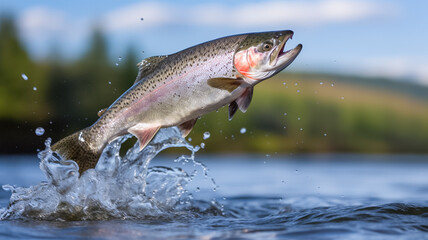 Rainbow freshwater fish trout in the wild river jumping out of river. Fishing concept. Fishing trophy.
