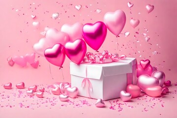 Illustrate the enchanting sight of pink heart-shaped balloons escaping a white gift box, creating a lively display on a pink background.
