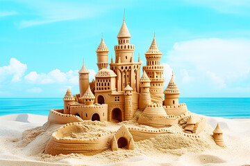 Creative Sand Castle Stand On Sea Shore, Sandcastle With Ocean View Background - obrazy, fototapety, plakaty