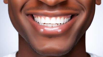 Cheerful happy smile of young african american man with great healthy white teeth isolated on white background. Smiling happy man. Teeth health, whitening, prosthetics and care.
