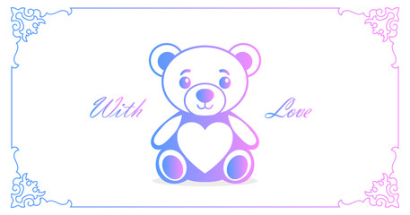 Cute kind graphic Teddy bear toy and inscription, with love. Festive light blue pink card. Holiday happy Valentines day. Wedding invitation cover. White background.