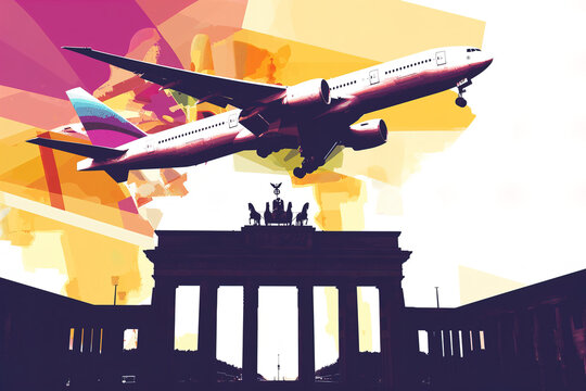 Germany Berlin travel Europe - Pop art plane and Brandenburg gate monument cartoon comic illustration cool funky colorful