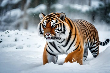 Fototapeta na wymiar Describe the adorable antics of a cute tiger frolicking in the snow on a winter day.