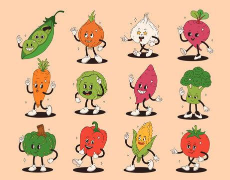 Funny vegetables retro cartoon characters sticker set. Modern label with cute comics characters. Hand drawn doodles of comic mascot. Set in modern cartoon style. 70s retro vibes.