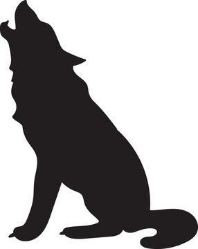 recommend clip art: Black silhouette wolf howls at moon animal body, fairy tale Halloween character. Creepy shadow outline of nocturnal wolf howls scarecrow. Simple black and white Vector isolated on white background