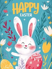 Cute easter bunny with colorful egg basket and flowers, background poster card design, wallpaper banner, happy easter, illustration, rabbit, greetings card