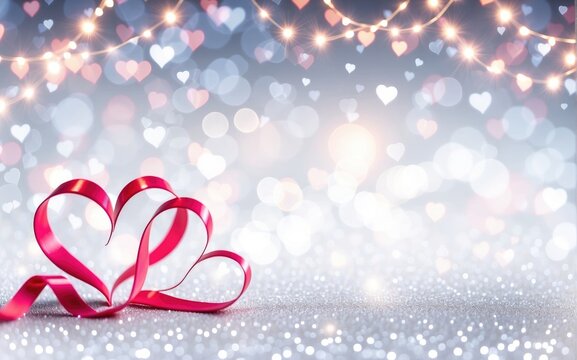 A Beautiful Valentine Card - Red Ribbon Shaped Hearts On a Silver Shiny Background With Lights