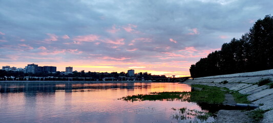 Bright Sunset on Angara River Embankment in Irkutsk City