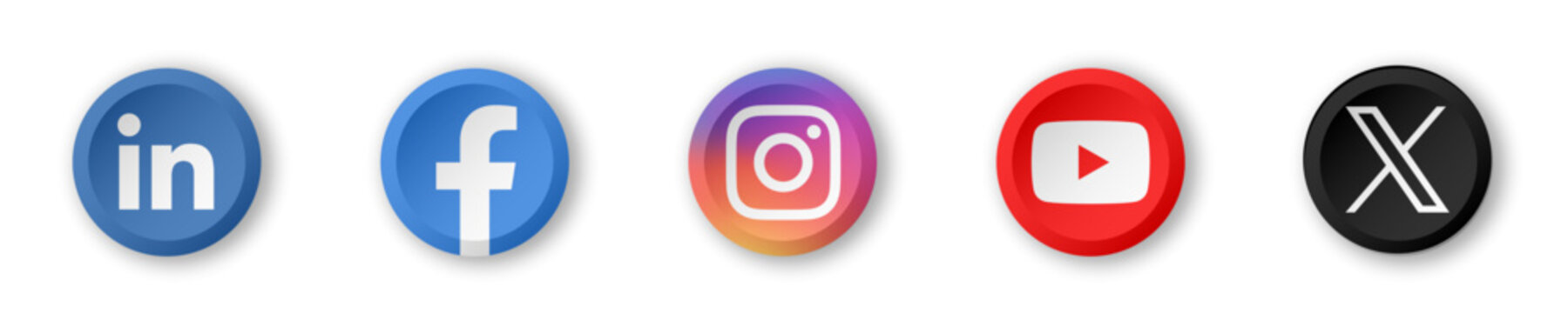 Social media app icon set. LinkedIn, Facebook, Instagram, Youtube and X, former Twitter. Circle shaded button with dropped shadow vector icons.
