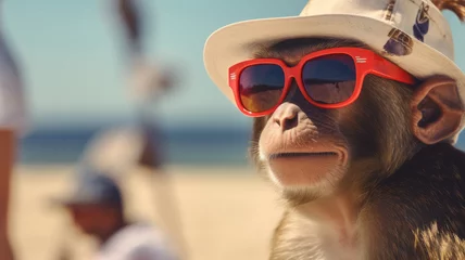 Poster Happy monkey wears sunglasses on beach. © SashaMagic