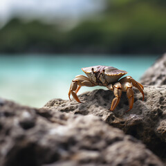 a crab sitting on top of a rock on a beach