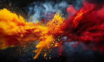 Red and yellow colored powder explosions on black background. Holi paint powder splash in colors of Spanish flag, Generative AI 