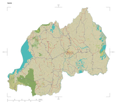 Rwanda shape isolated on white. OSM Topographic Humanitarian style map