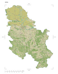 Serbia shape isolated on white. OSM Topographic Humanitarian style map