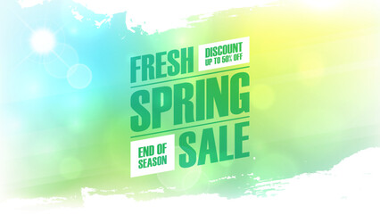 Fresh Spring Sale. Springtime season commercial background with spring sun, blurred colors and white brush strokes for business, seasonal shopping promotion and sale advertising. Vector illustration. - obrazy, fototapety, plakaty