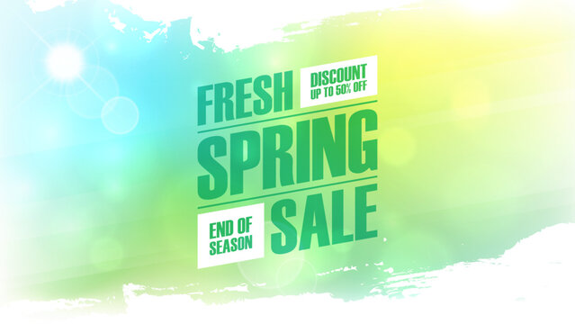 Fresh Spring Sale. Springtime season commercial background with spring sun, blurred colors and white brush strokes for business, seasonal shopping promotion and sale advertising. Vector illustration.