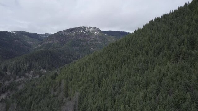 Ungraded 4k pullout aerial drone footage of mountains and forests on an overcast day at Gifford Pinchot National Forest in Washington State.