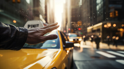 Confident hands hail a taxi, capturing the vibrant energy of the urban morning.