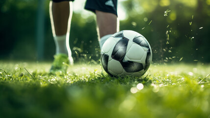 A soccer players foot expertly manages the ball on a vibrant green field. - Powered by Adobe