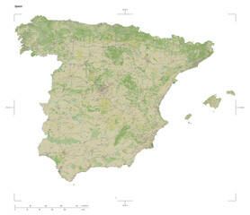 Spain shape isolated on white. OSM Topographic Humanitarian style map