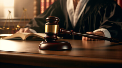 Close-up of a judge's gavel on a table during a trial.